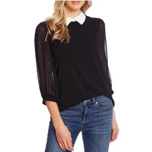 Cece Collared Clip Dot Long Sleeve Blouse in Rich Black Size Medium!✨